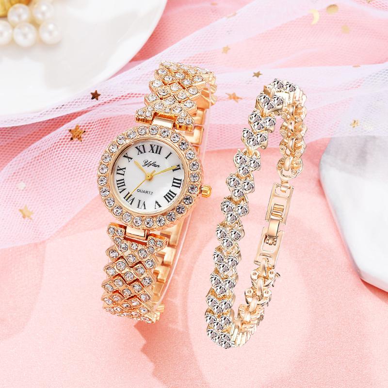 Polshorloges dames kwarts horloge strass armband combinatie set temperament elegant rose goud relojeswristwatches300J