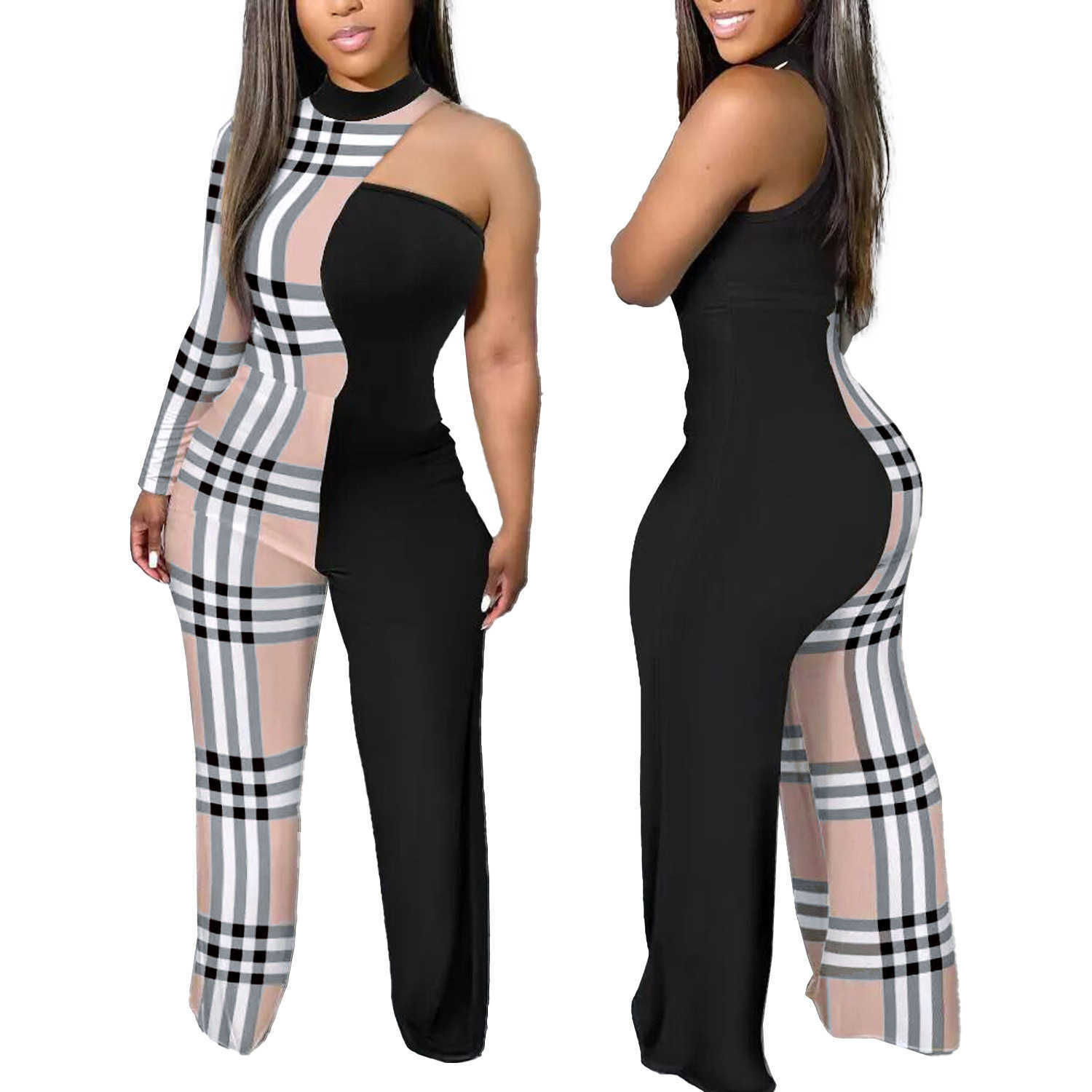 Plus maten Designer 2023 Nieuwe dames jumpsuits verkoopt sexy contrast kleur patchwork modieus bedrukte een schouderpolmogelijkheden