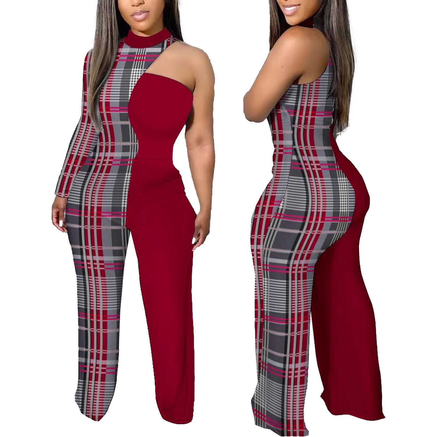 Plus maten Designer 2023 Nieuwe dames jumpsuits verkoopt sexy contrast kleur patchwork modieus bedrukte een schouderpolmogelijkheden