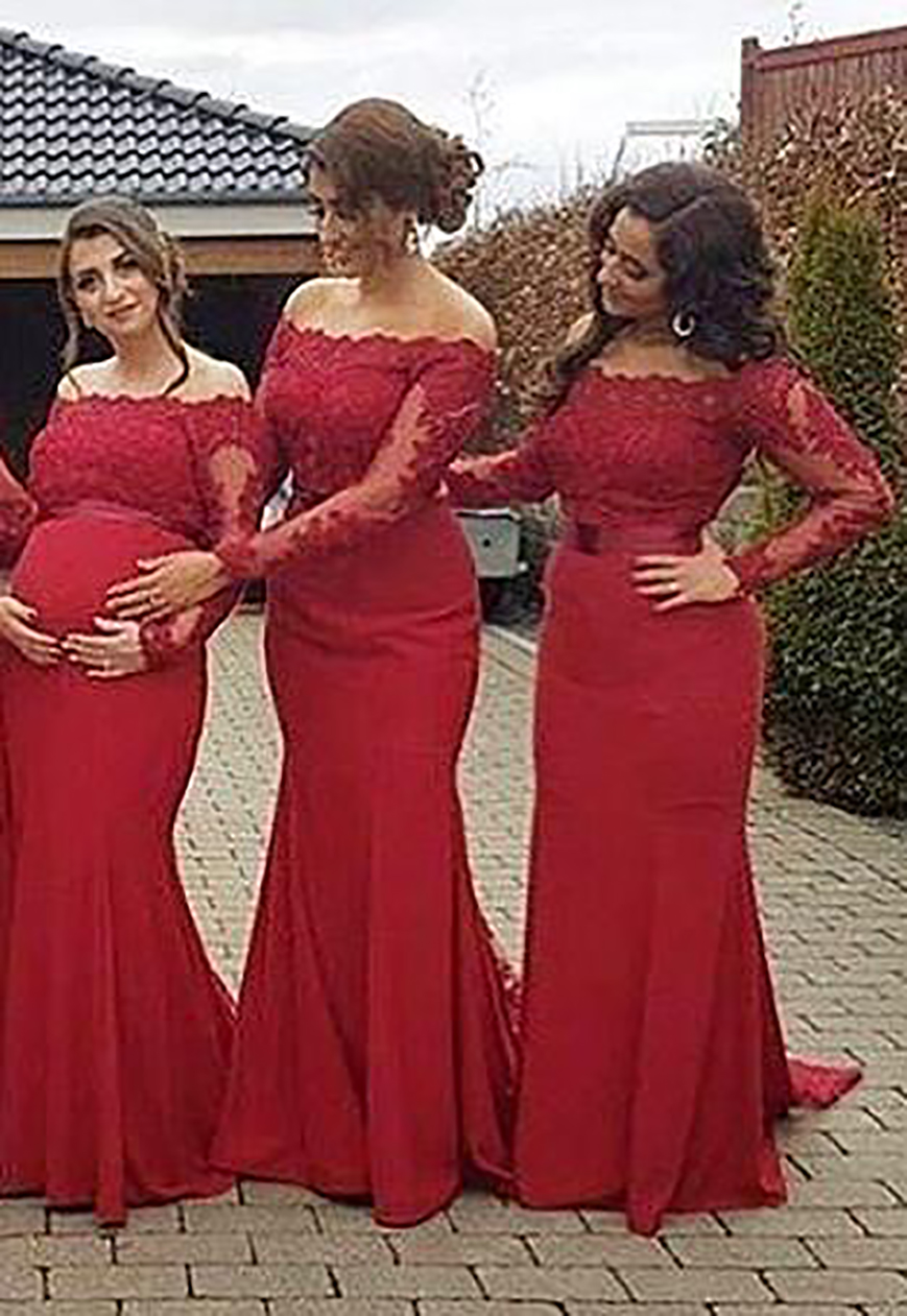 Nouvelles robes de demoiselle d'honneur rouges grande taille maternité hors épaule manches longues robes de bal robes de soirée enceintes