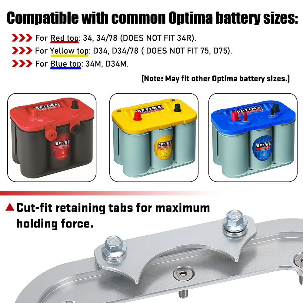 Billet Aluminium Alloy Battery Relocation Tray Håll montering för Optima Battery Yellow Blue Red Top 34 34/78 D34 D34/78 34M PQY-BTD05