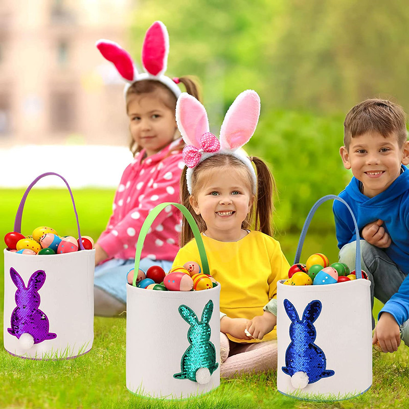 Party Gift Easter Bunny Basket Bag Glitter Paillettes Egg Hunt Bags Handbag Rabbit Fluffy Tails Toys Candy Bucket Tote For Kids Party Decoration