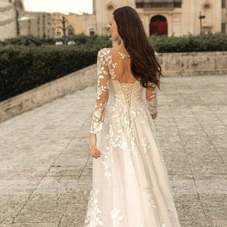 Eleganti maniche lunghe in pizzo A Line Abiti da sposa Sheer Scoop Neck Tulle Applique Sweep Train Abiti da sposa Abito da sposa Custom Made 267B