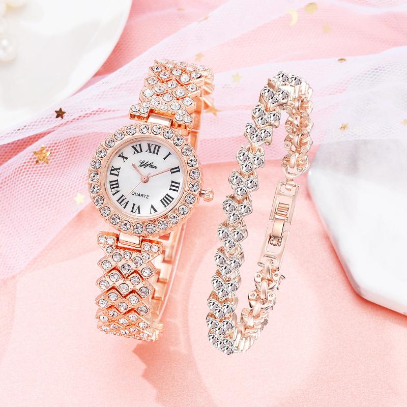 Polshorloges dames kwarts horloge strass armband combinatie set temperament elegant rose goud relojeswristwatches300J