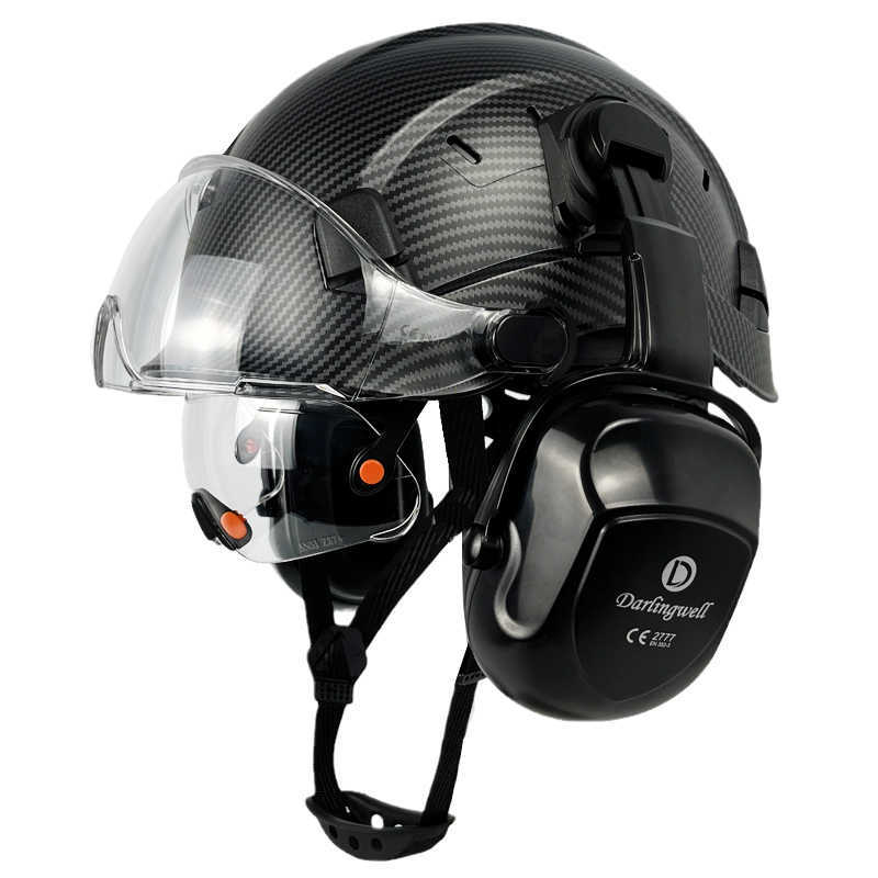 Capacete de segurança com padrão de fibra de carbono para construção CE com viseiras duplas e protetor de ouvido EN352 para capacete de segurança industrial ABS