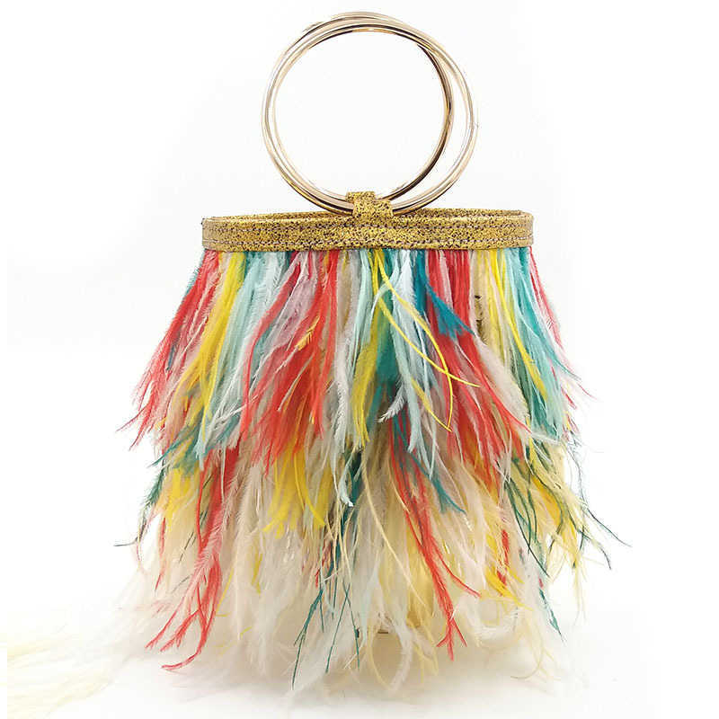 Bolso de noche con plumas de avestruz reales, bolso tipo cubo, bolsos para mujer, rosa, verde, diamante