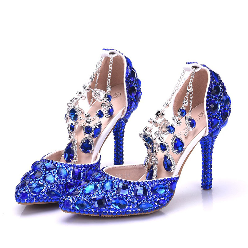 Cinturini con fibbia strass viola Scarpe da sposa Punta a punta 3 pollici Festa di compleanno Prom Tacchi alti Sandali estivi Blu royal Rosso Taglia 42