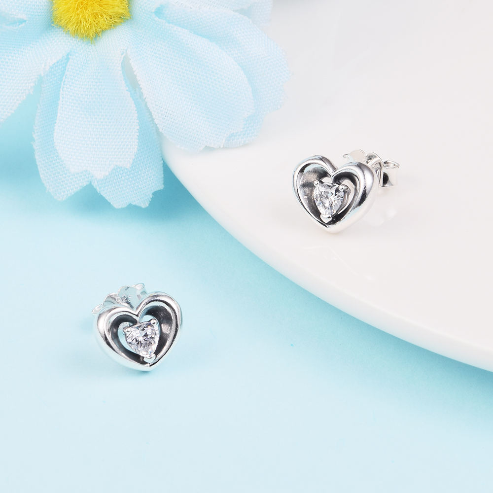 925 Sterling Silver Radiant Heart Floating Stone Stud örhängen passar europeisk pandora stil smycken modeörhängen