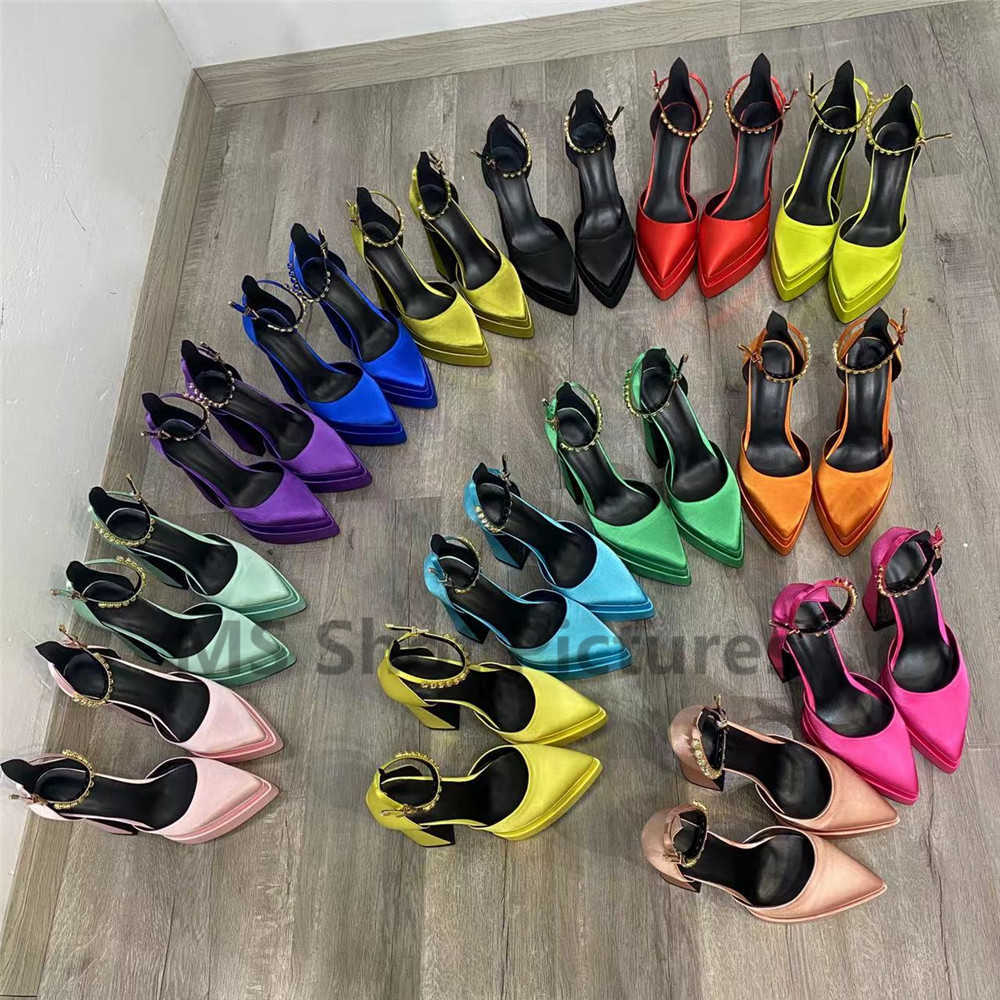 Dress Shoes Sandals Luxury Women High Heel Shoes Platform Sandals Pointed Toe Woman Silk Pumps Sexy Rhinestone Buckle Chunky Heel Wedding Shoes 2022 220117