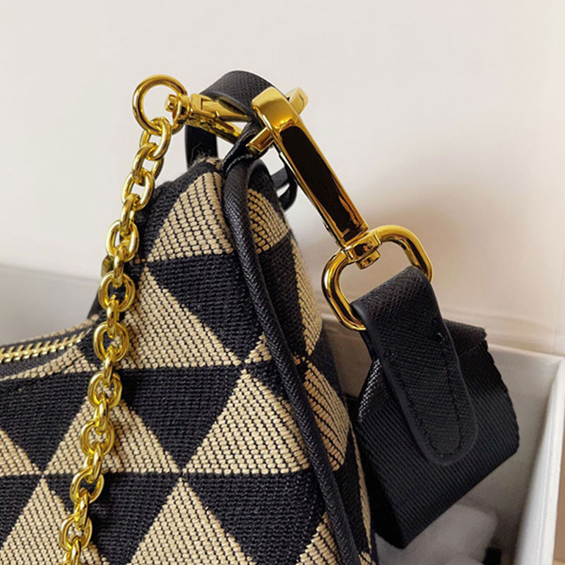 Nylon Hobo Armpit Shoulder Bag Triangle Jacquard Women Handbags Purse 3 in 1 Waist Bags Chain Crossbody Bags Removable Strap Fabric Zipper Pouch Tote Wallet