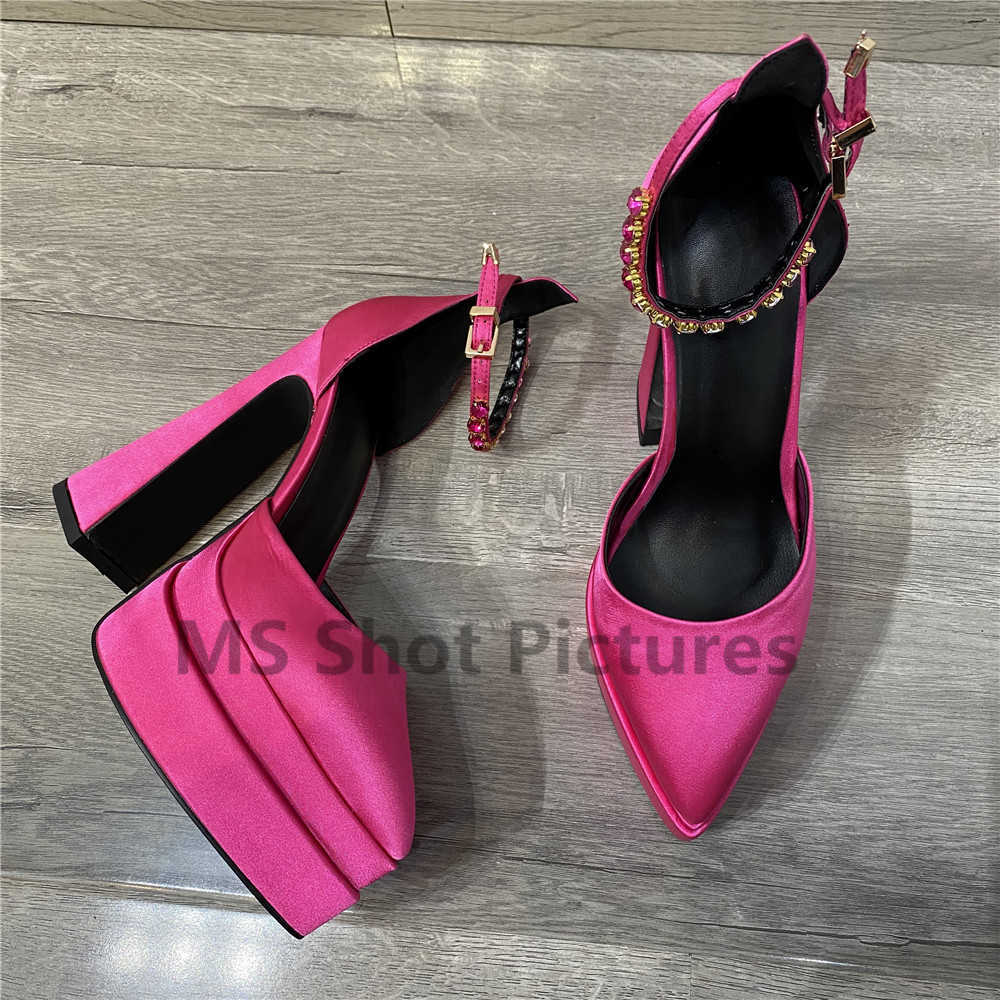 Dress Shoes Sandals Luxury Women High Heel Shoes Platform Sandals Pointed Toe Woman Silk Pumps Sexy Rhinestone Buckle Chunky Heel Wedding Shoes 2022 220117