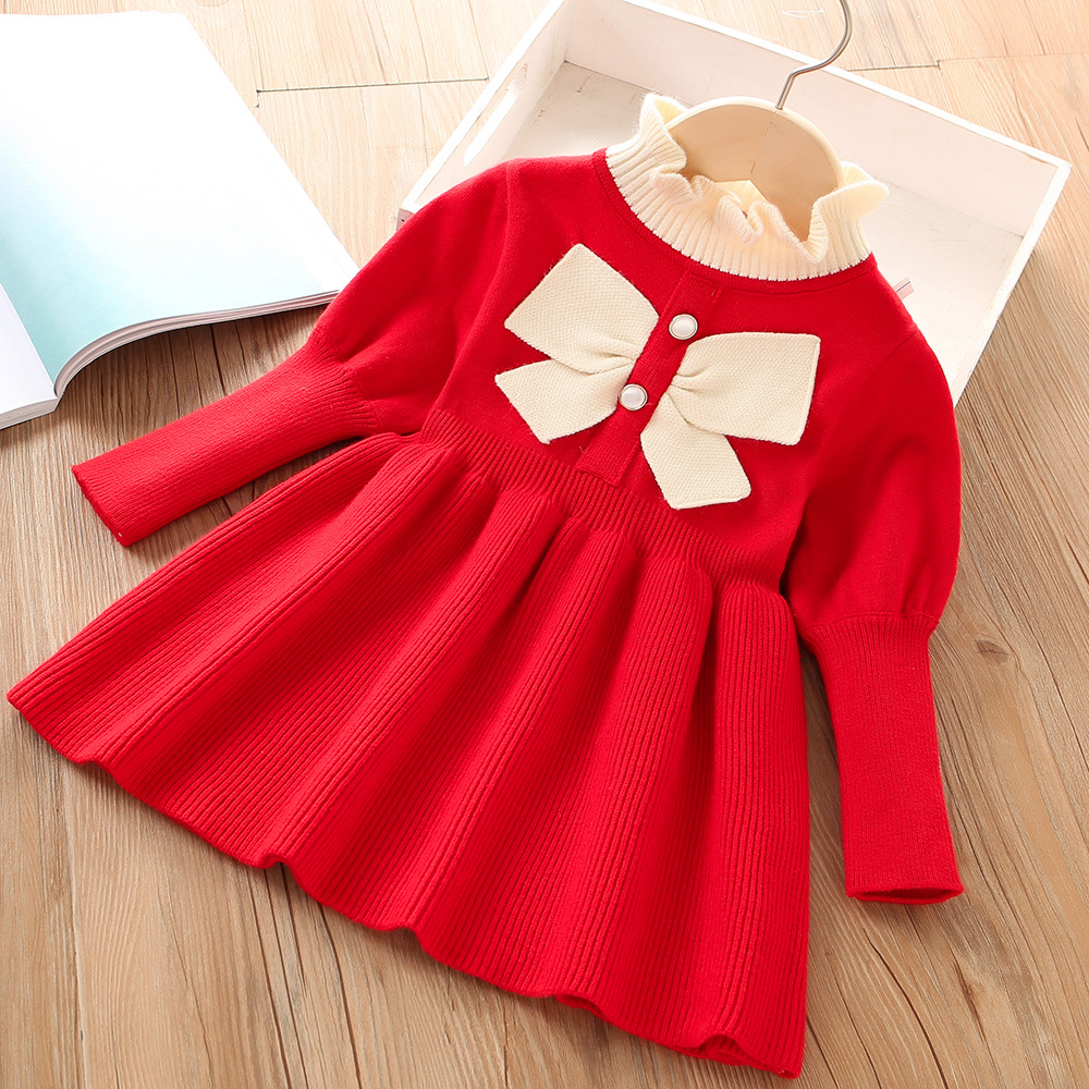 Baby Girls Sweater Dresses Spring 2023 New Kids Knitted Long Sleeve Dress Cute Bow Autumn Princess Dress Children Girls Clothes