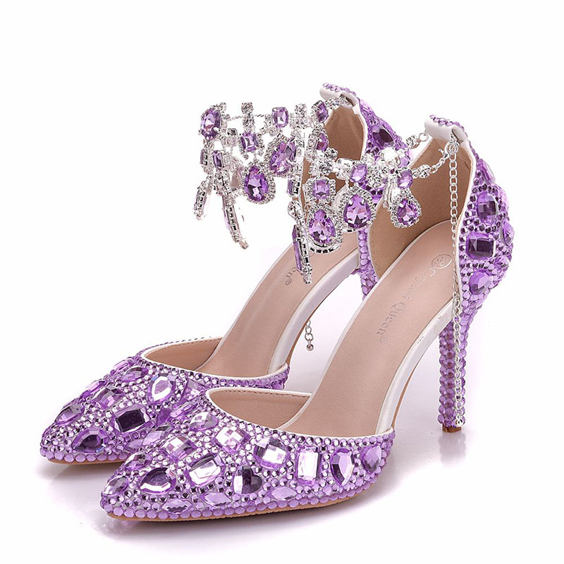 Purple Rhinestone Buckle Straps Wedding Shoes Pointed Toe 3 Inches Birthday Party Prom High Heels Summer Sandals Royal Blue Red Size 42
