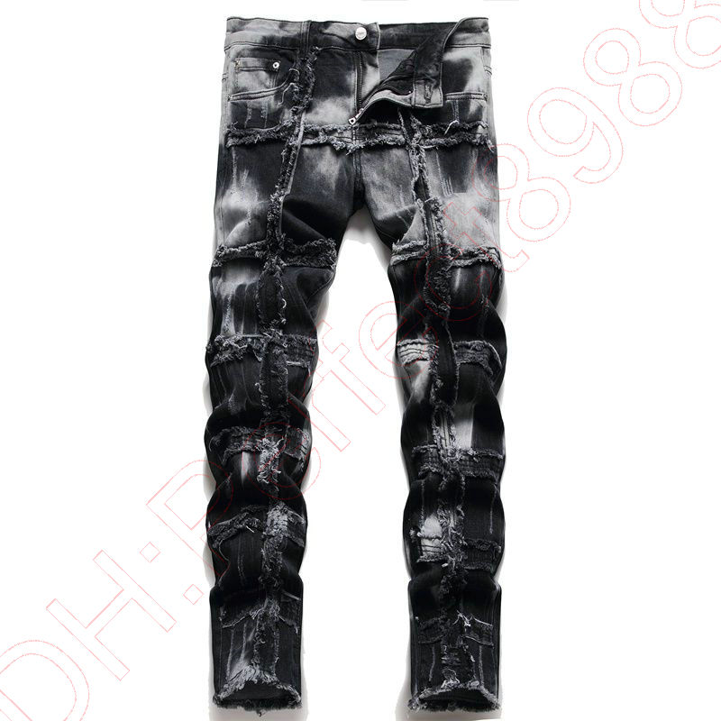 Nowe dżinsy spodnie chino spodni męskie spodnie rozciągają blisko dopasowane spodnie zmyte proste chude haftowe patchwork Ripped Mens Brand Motorcycle Jeans-C09