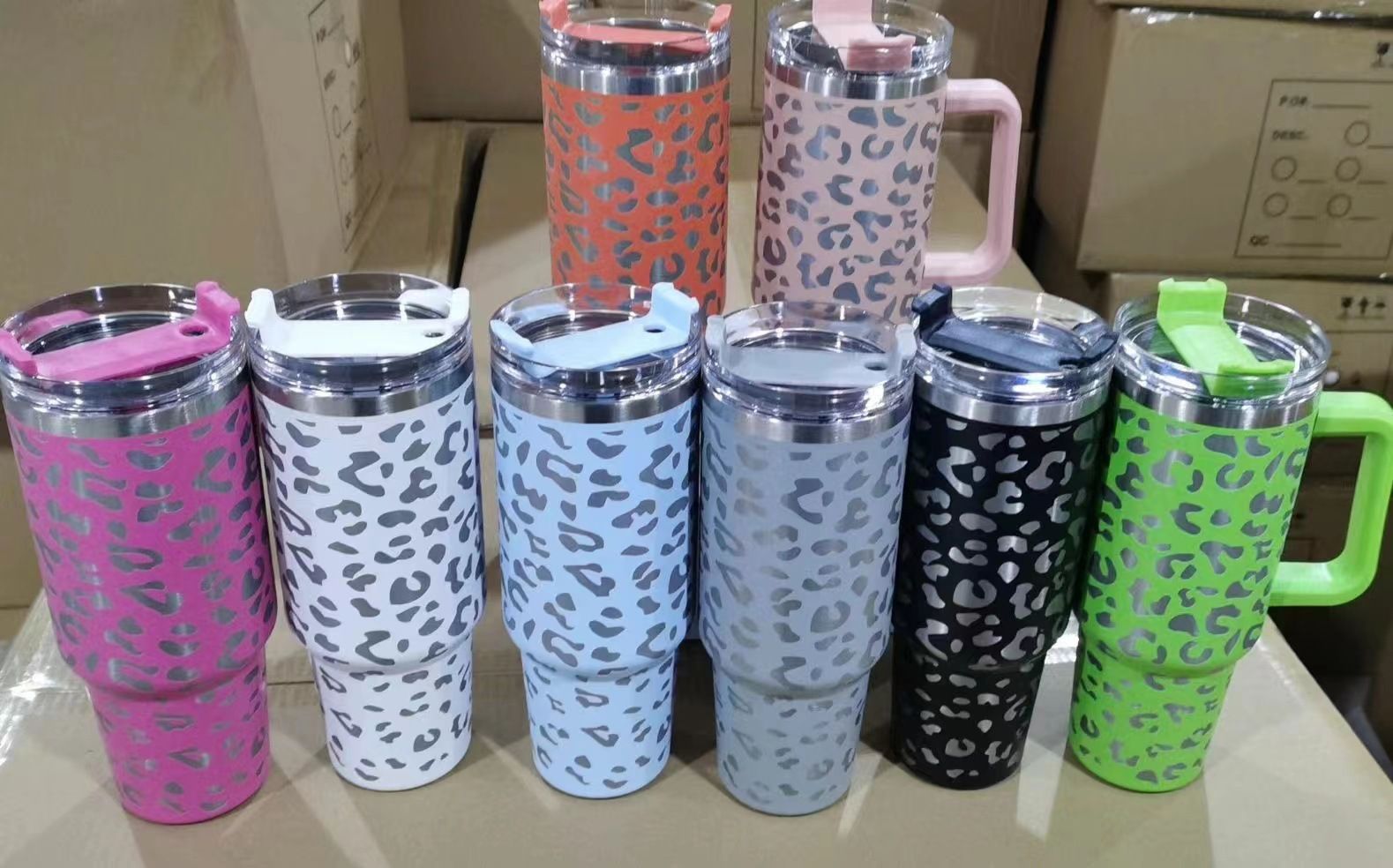 40oz Leopard rostfritt stål tumlare med logotyphandtag locket STRÅG Big Capacity Beer Mugg Water Bottle Outdoor Camping Cup Vakuum Insu342U