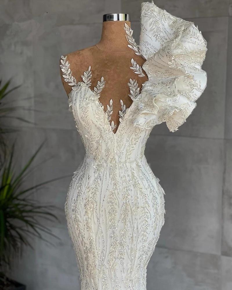 2023 Vestidos de noiva de sereia de luxo Crystal Jewel Neck Ilusão lantejoulas de verão Trem Flores Sexy Ruffles vestidos de noiva