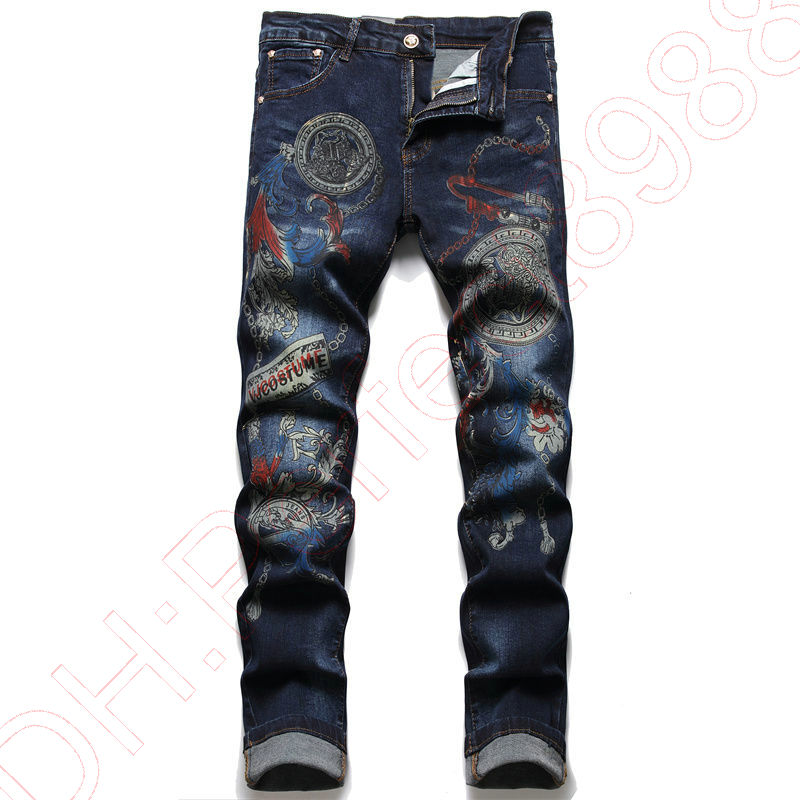 Nya jeans chino byxor byxa mäns byxor sträcker sig nära passande slacks tvättade rak mager broderi lapptäcke rippade mens trend märke motorcykel jeans-c05