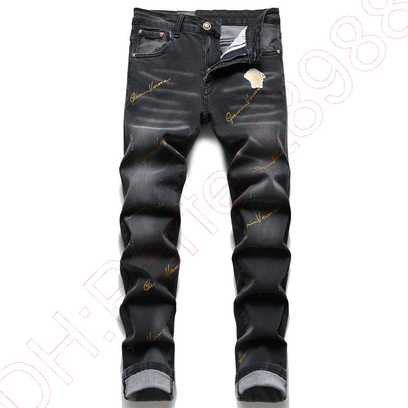 Novos jeans calças chino calças masculinas estiramento calças justas lavadas em linha reta magro bordado retalhos rasgado masculino tendência marca motocicleta jeans-c14