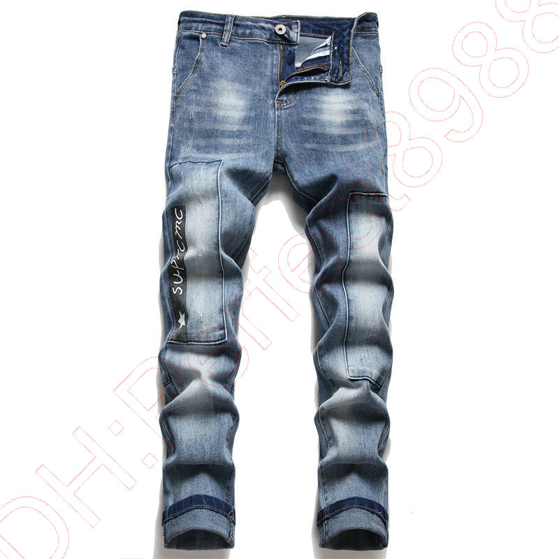 Novos jeans calças chino calças masculinas estiramento calças justas lavadas em linha reta magro bordado retalhos rasgado masculino tendência marca motocicleta jeans-c17