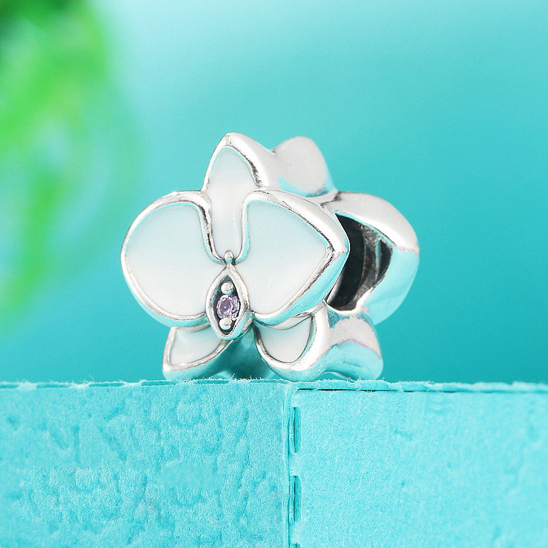 925 Серебряная серебряная орхидея белая эмалевая орхидея CZ Bead подходит для европейских ювелирных украшений в стиле Pandora Bracelets
