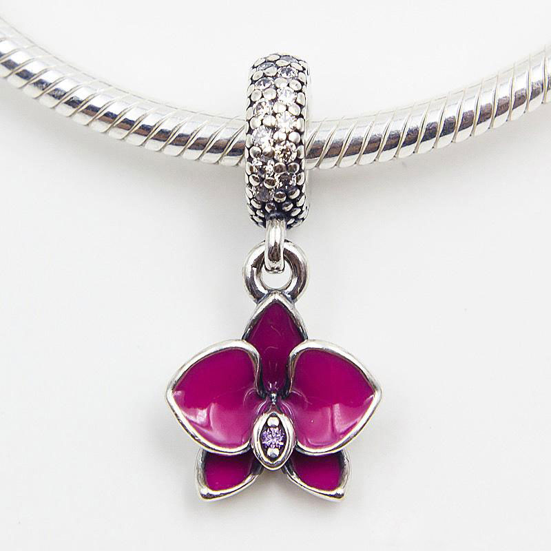 925 Sterling Silver Orchid Emalj dingle p￤rla passar europeiska smycken pandora stil charmarmband