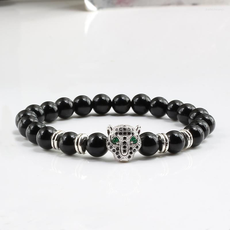 Strand Black Natural Volcanic Stone Bracelets Leopard Head Crown Elastic Rope Frosted Beaded Bangles Fashion Jewelry For Couples H214M