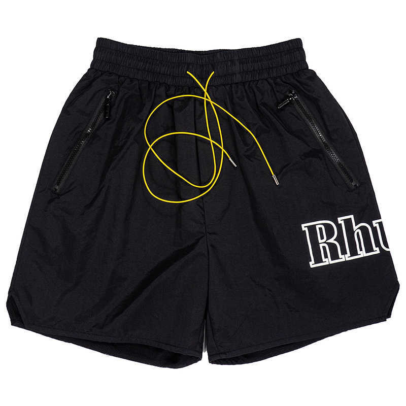 Rhude sido bokstäver tryck utdragning fem-punkts byxor piller blixtlås shorts high street män kvinnor svart mesh fodrad strand i28g pmo7