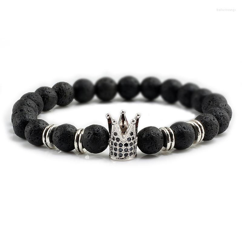 Strand Black Natural Volcanic Stone Bracelets Leopard Head Crown Elastic Rope Frosted Beaded Bangles Fashion Jewelry For Couples H214M