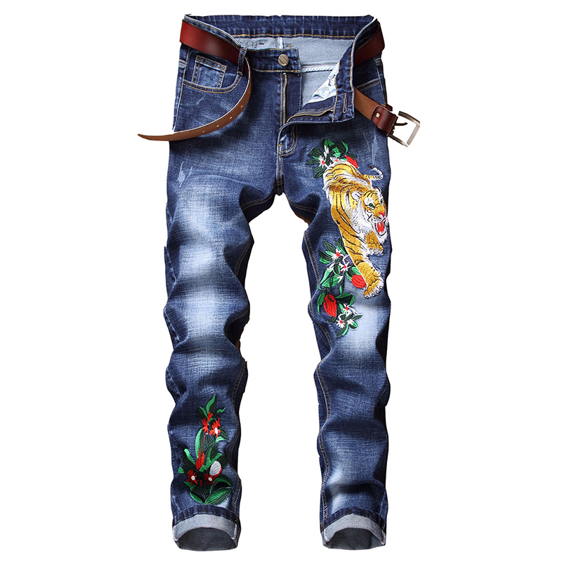 Neue Stil männer Jeans Hosen Tiger Kopf Gestickte Dünne Gerade Männliche Enge Hosen Trend Blau Motorrad Jeans Streetwear C197d