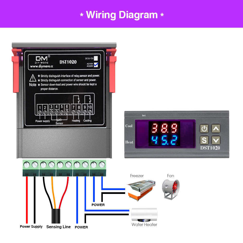 DST1020 DC 12-72V AC 110V 220V Dual Display Digital Thermostat Temperature Controller DS18B20 Sensor Waterproof Replace STC-1000