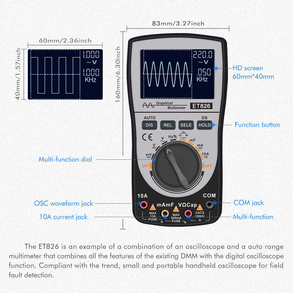 ET826 Multi-function Digital Multimeter Oscilloscope DC/AC Current Voltage Resistance Capacitance Tester 128x64 LCD Display