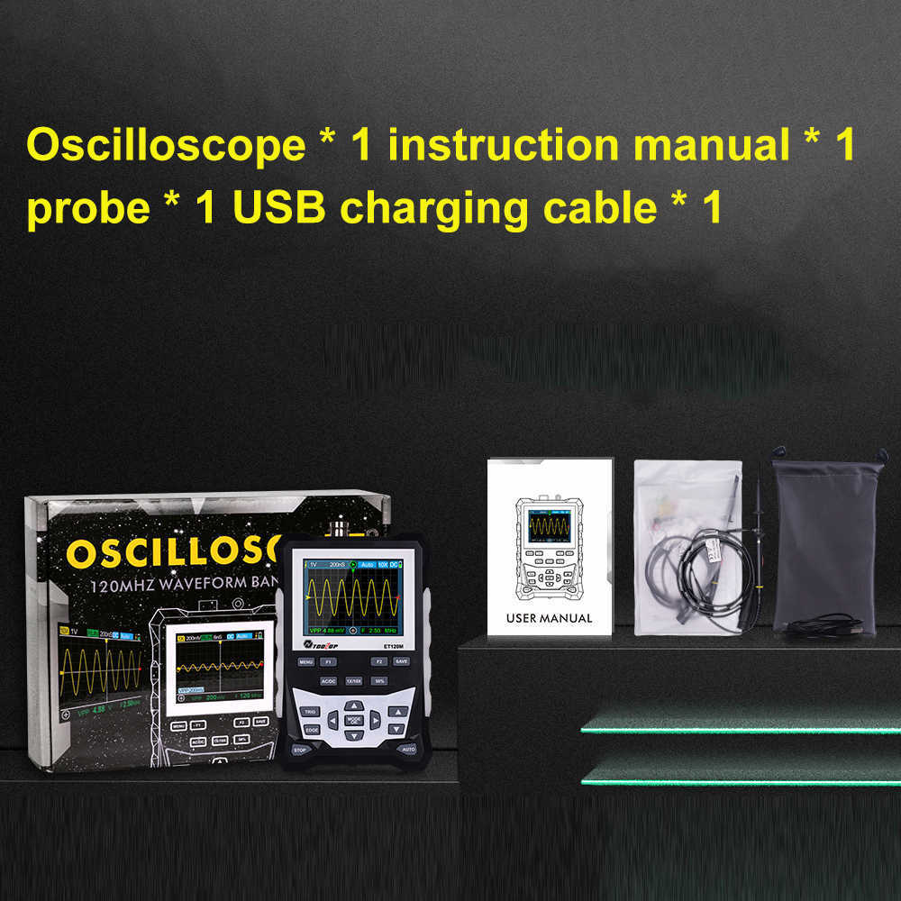 ET120M LCD Digital Oscilloscope 120MHz Bandbredd 500msa/s samplingshastighet HD 2,4 tum TFT med bakgrundsbelysning 2500 vågformlagring