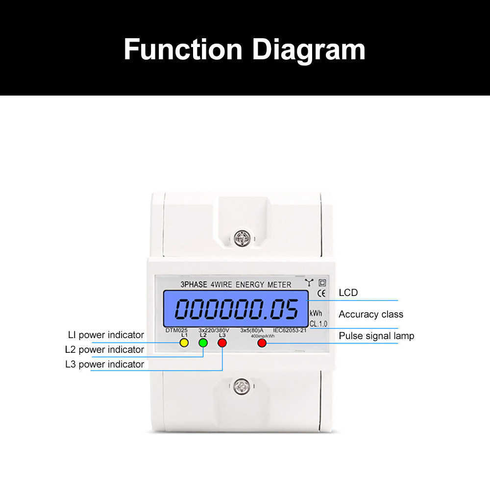 Compteur d'énergie numérique rétroéclairé LCD 3 phases 4 fils 220V/380V 5-80A consommation kWh DIN Rail électrique