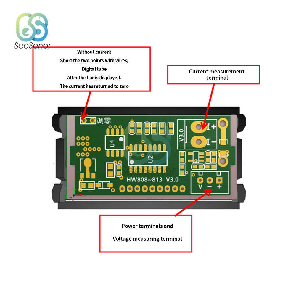 CC 100V 10A 50A 100A Voltímetro Blue Blue Add Red LED Amp Dual Dual Tensão Digital Corrente Medidor de Tester Medidor