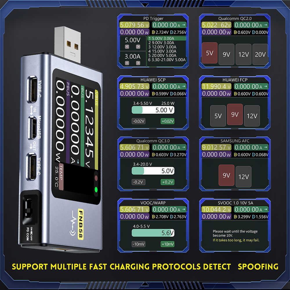 FNB58 USB-tester Voltmeter Ammeter Type-C Snelle lading Detectie Triggerstroomspanningsvermogensmetercapaciteitsmeting