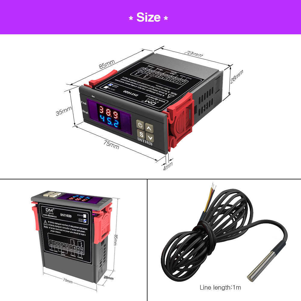 DST1020 DC 12-72V AC 110V 220V Dual Display Digital Thermostat Temperature Controller DS18B20 Sensor Waterproof Replace STC-1000