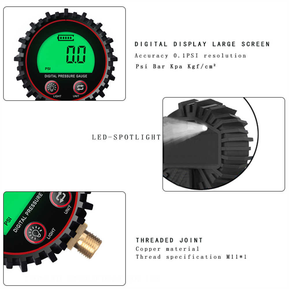 Digitale autobanden luchtdruk inflator meter LCD Display LED -achtergrondverlichting voertuigtester Inflatie -monitoring