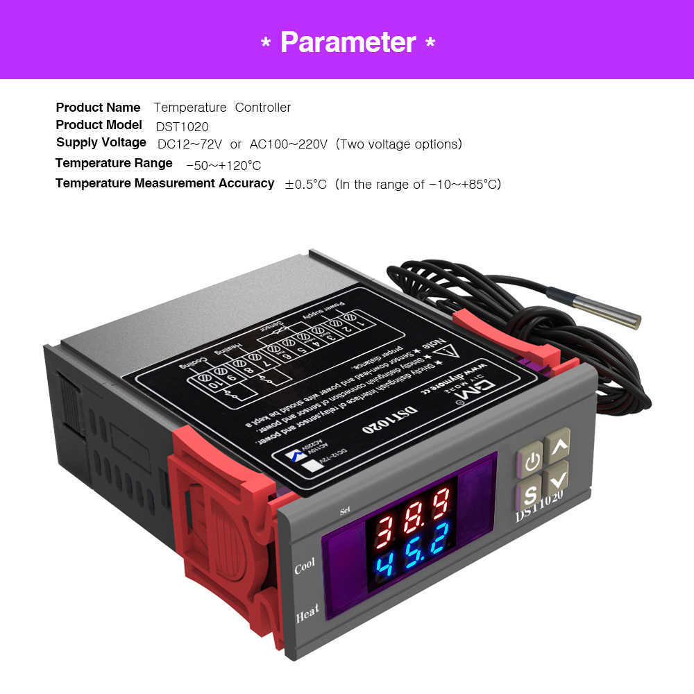 DST1020 DC 12-72V AC 110V 220V Dual Display Digital Thermostat Controller DS18B20 Waterprolacja czujnika Wymień STC-1000