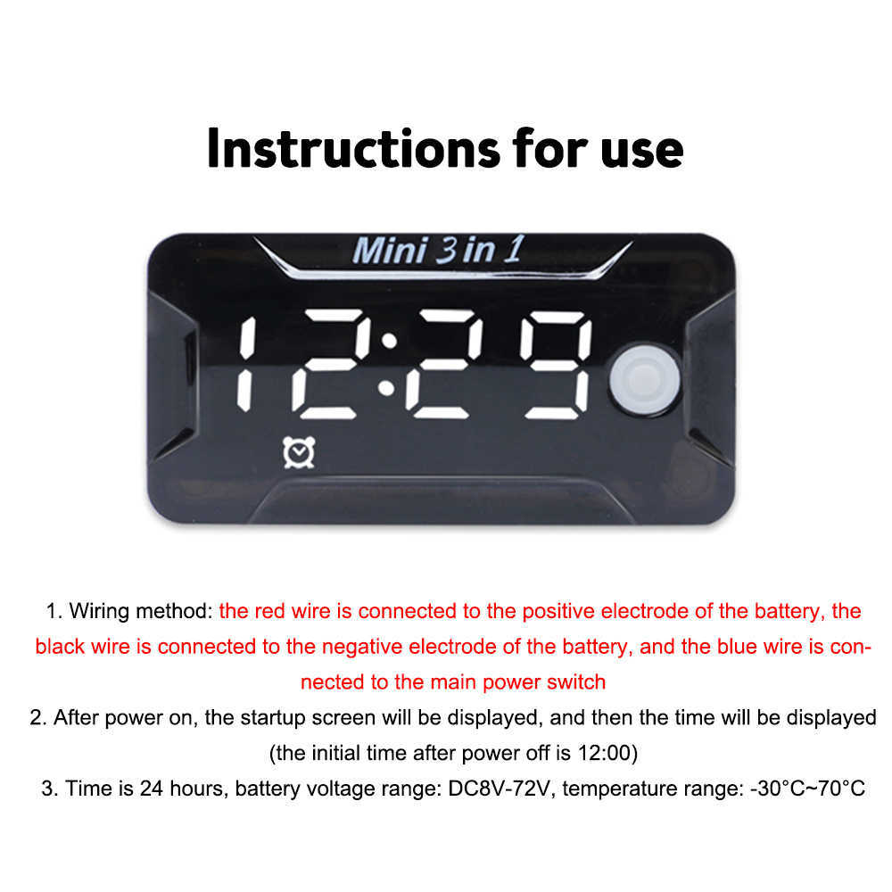 Mini 3 In 1 Motorcycle Car Electronic Clock Watch Waterproof Dust-proof Thermometer LED Digital Display Voltmeter DC8V-72V 12V