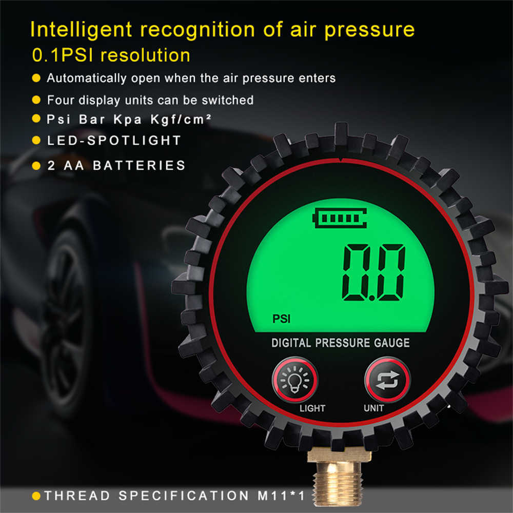 Digitale autobanden luchtdruk inflator meter LCD Display LED -achtergrondverlichting voertuigtester Inflatie -monitoring