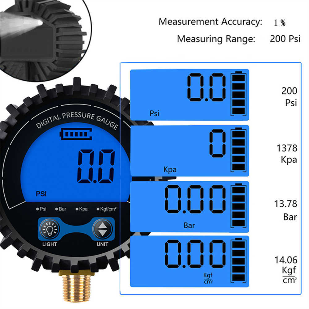 Digitale autobanden luchtdruk inflator meter LCD Display LED -achtergrondverlichting voertuigtester Inflatie -monitoring