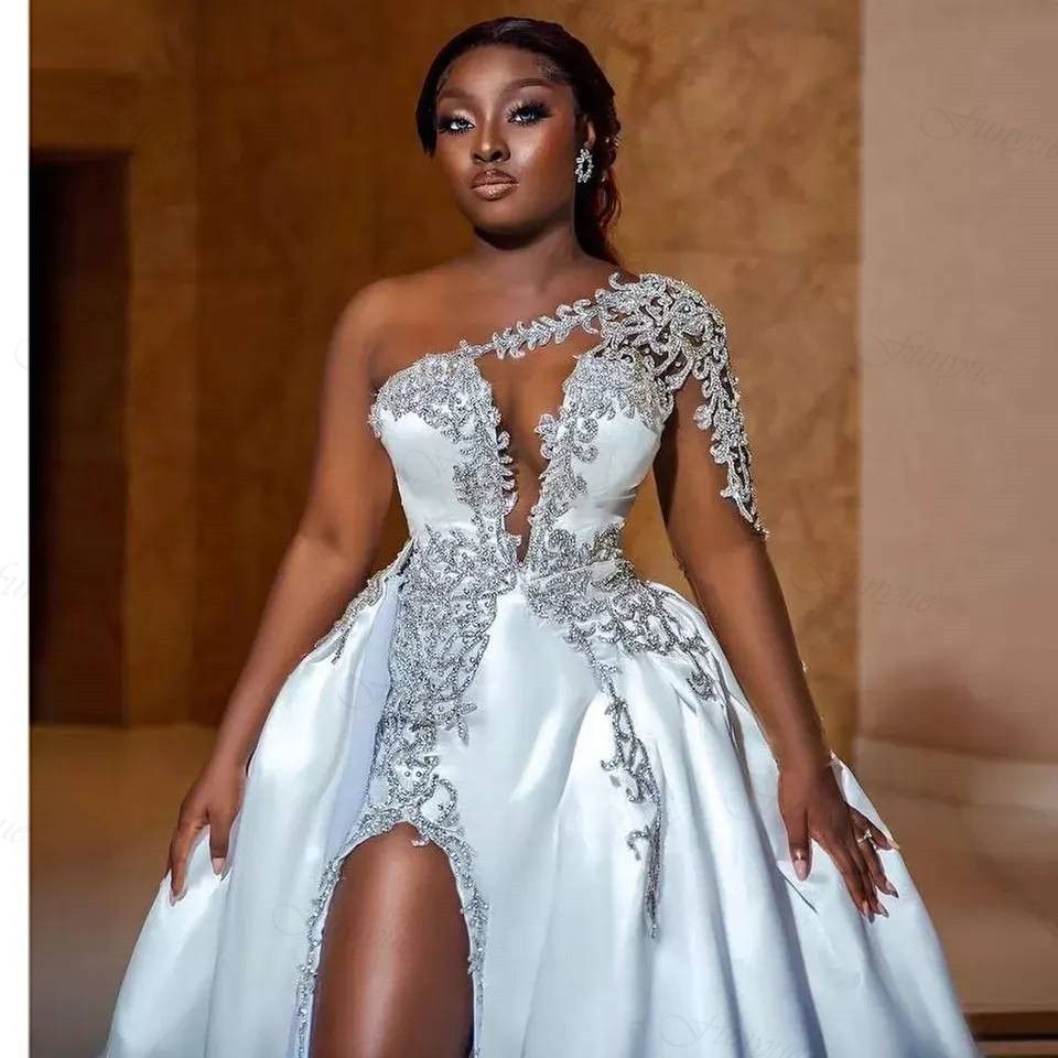 2023 A Line Wedding Dresses With Detachable Train Overskirts One Shoulder Satin Beading Lace Side High Split Sexy Vestidos De Novia African Long Sleeve Bridal Gowns