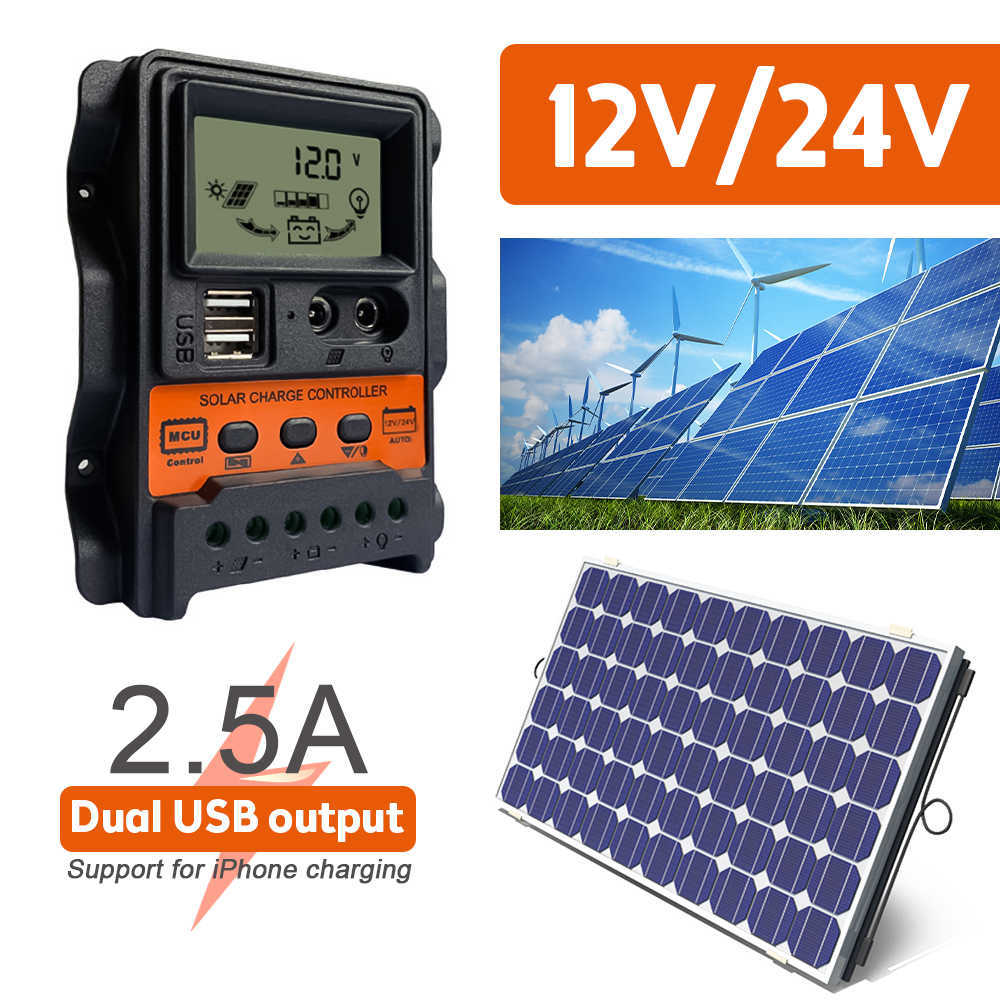 LCD Display Solar Charge Controller PWM 10A 20A 30A 12V 24V Dual USB 5V Output Panel Charger Regulator