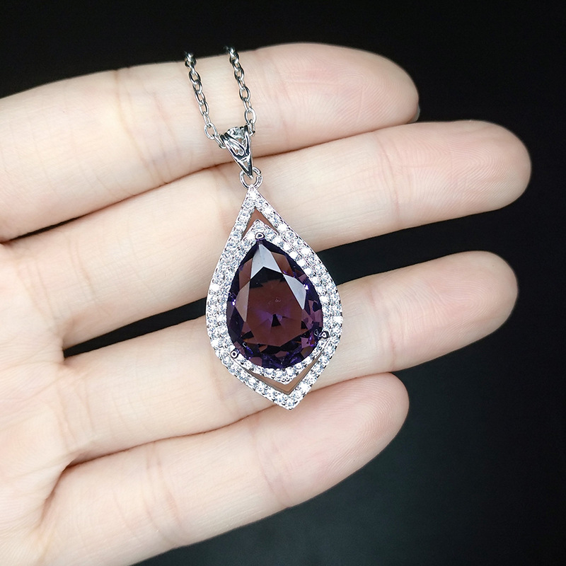 Pendant European and American style women Artificial red crystal zircon diamond white gold plated water drop purple pendant girls wedding party jewelry gift