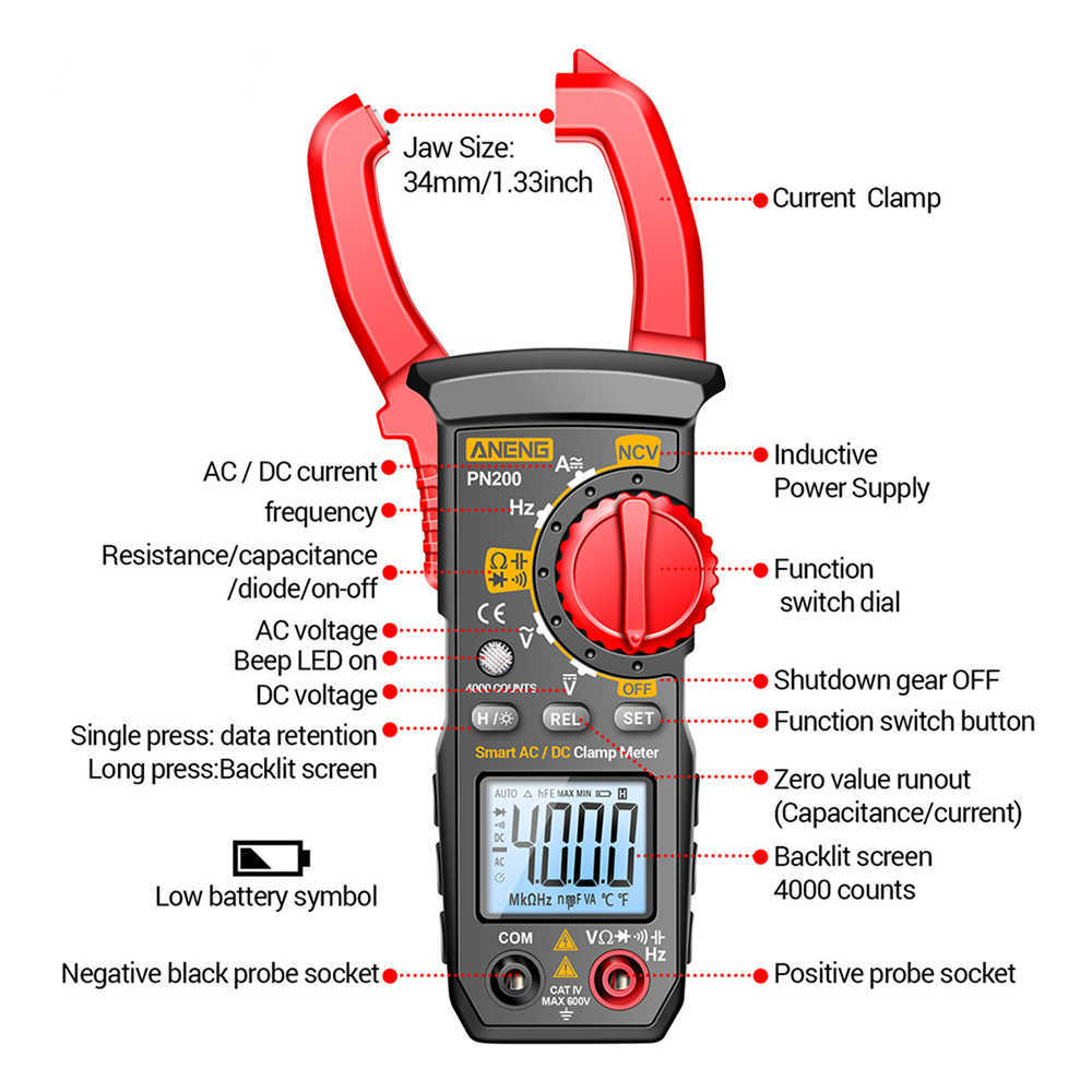 PN200 Digitale klemmeter DC/AC 600A Stroom 4000 Tellingen Multimeter Ammeter Voltage Tester CAR Hz Capaciteit NCV OHM Test