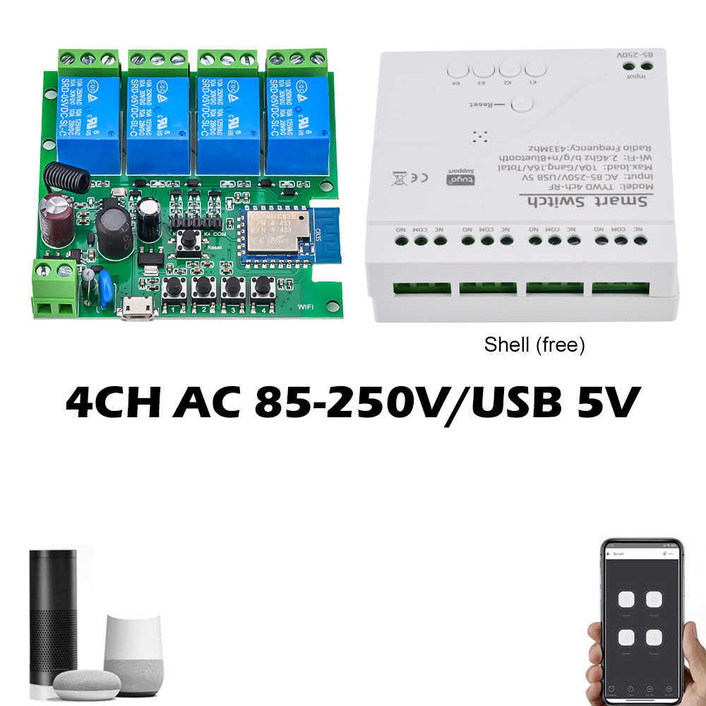 Modulo di controllo dell'interruttore WiFi intelligente Tuya 5V 12V 32V 220V RF433 Relè radio remoto a 4 canali Alexa Google Home