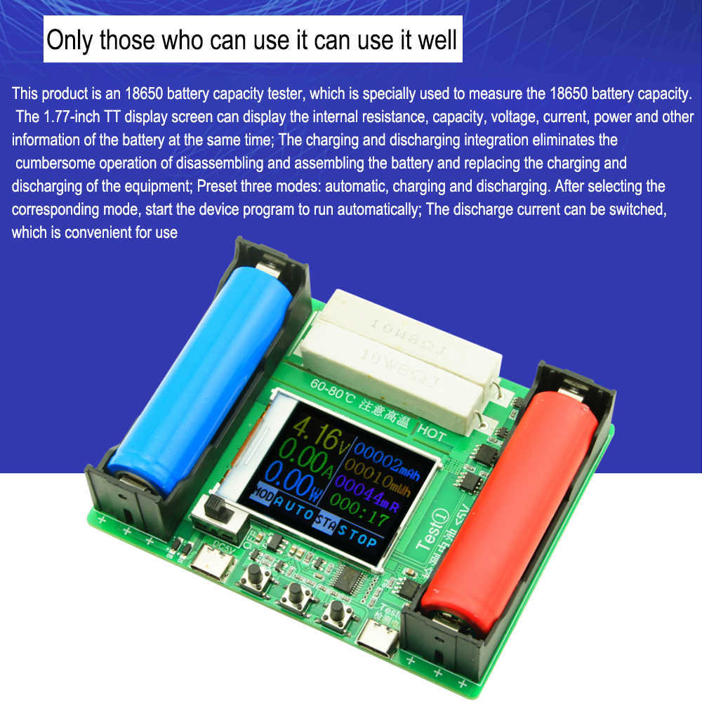 18650 Lithium Battery Capacity Tester Module 1.77 inch TFT Digital Display Voltage Current Power Meter Cumulative