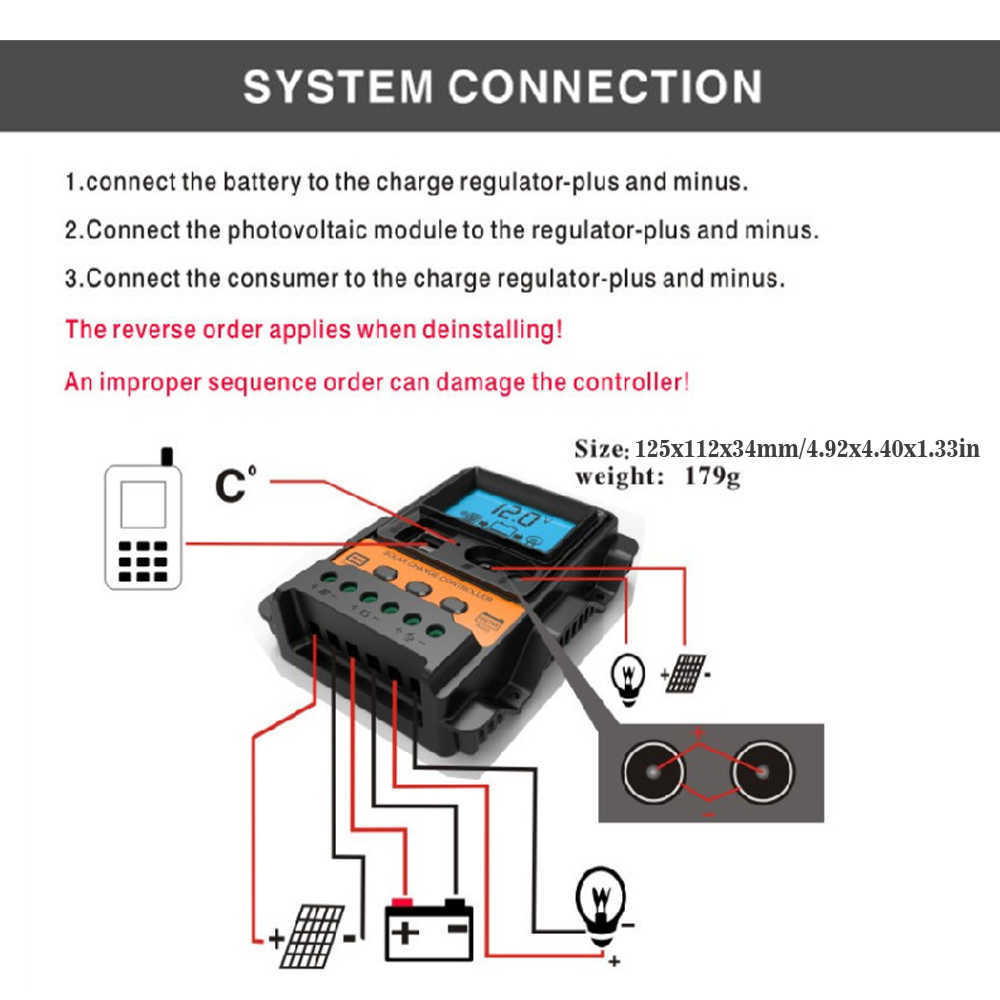 LCD 디스플레이 태양 전하 컨트롤러 PWM 10A 20A 30A 12V 24V 듀얼 USB 5V 출력 패널 충전기 조절기