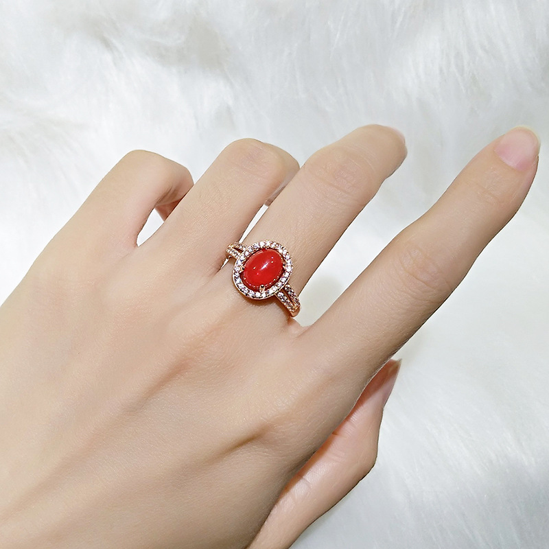 Women white Chalcedony ring European and American style geometric red stone rose gold plated zircon diamond sweet ring girls wedding party jewelry gift adjustable