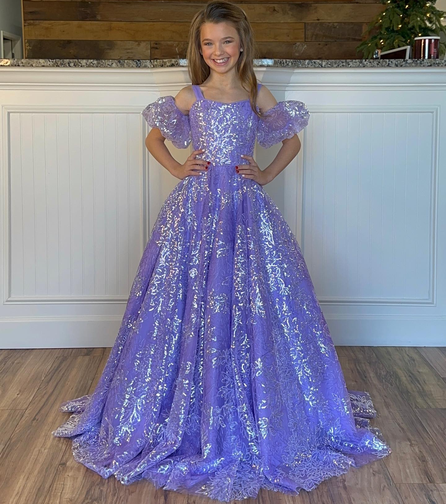 Lilac Girl Pageant Dress 2023 Detachable Puff Sleeves Sequin Little Kid Birthday Formal Party Gown Infant Toddler Teens Preteen Tiny Young Junior Miss Children Blue